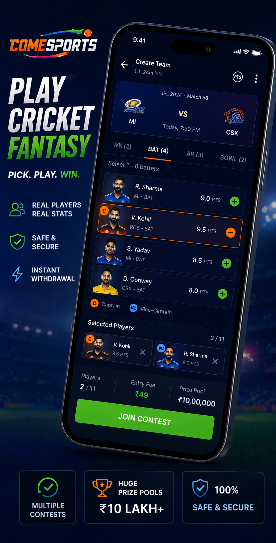 Come Cash Hub cricket fantasy visual